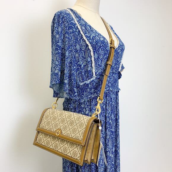 Tory Burch 81863 T Monogram Jacquard Shoulder Bag IN HAZELNUT - Picture 1 of 10